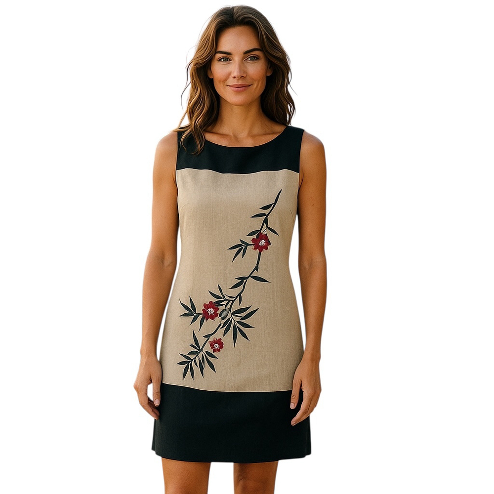Vintage John Roberts Beige Floral Linen Blend Sheath Dress 10